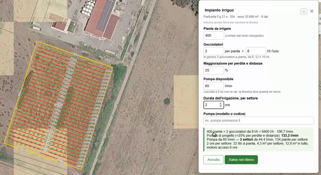 GeoCatasto: finestra Impianto irriguo con piante, gocciolatori, portata di progetto, settori e ore di motore accanto ai tubi disegnati