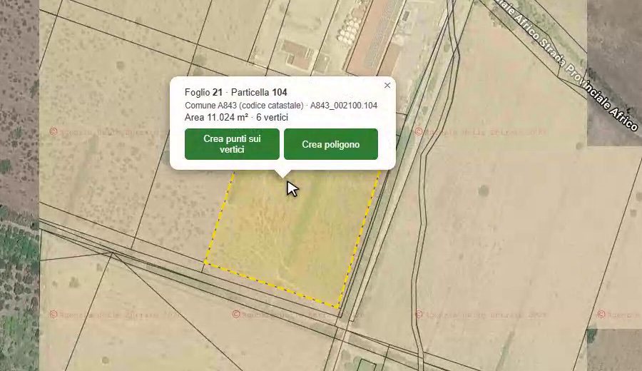 GeoCatasto: particella interrogata con foglio, numero, area e pulsanti Crea punti sui vertici e Crea poligono