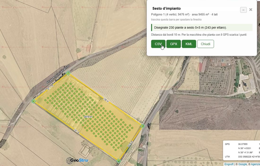 GeoCatasto: sesto d'impianto 5x5 con 230 piante disegnate e pulsanti di export CSV, GPX e KML