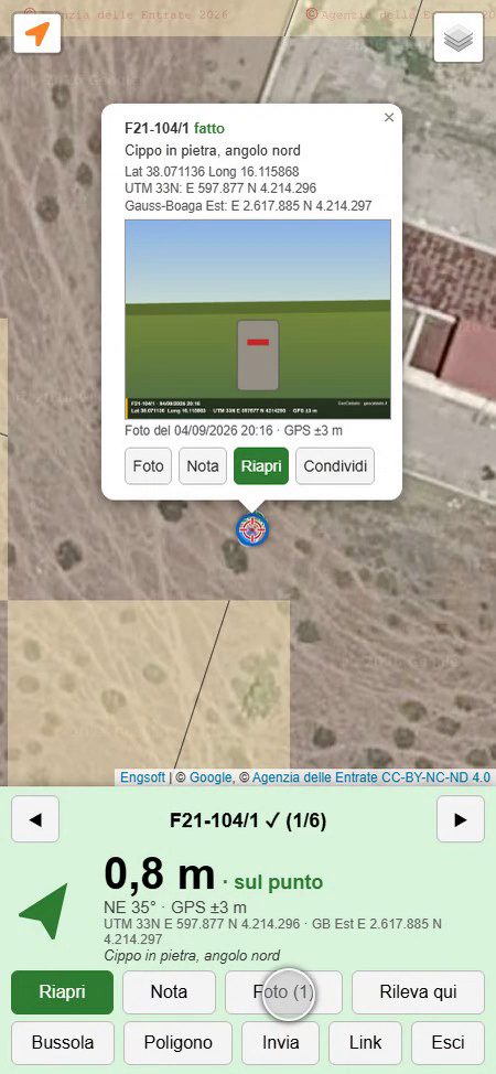 GeoCatasto sul telefono: punto fatto con foto marcata e nota