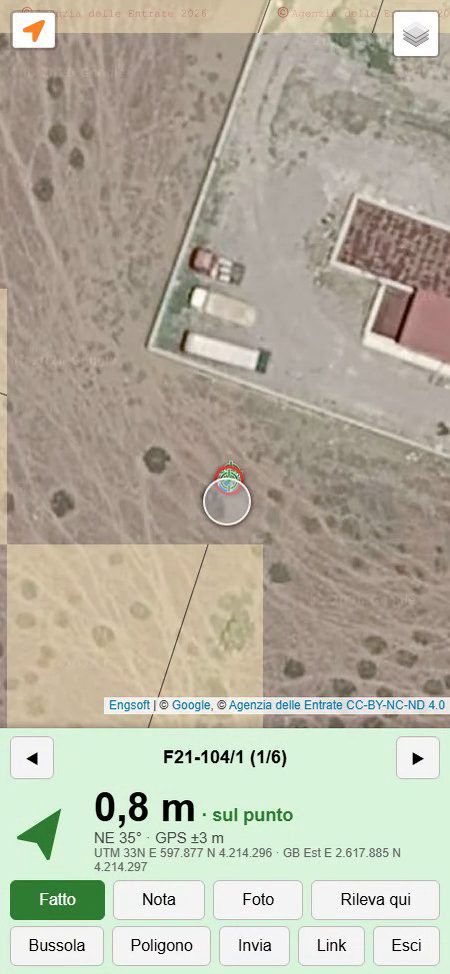 GeoCatasto sul telefono: guida GPS al punto, 0,8 m sul punto